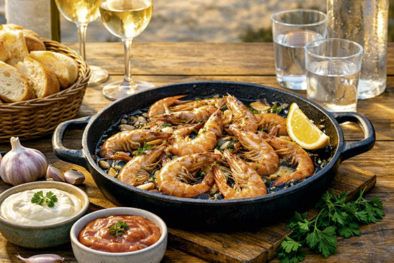 Große gusseiserne Pfanne mit mediterran gebratenen Garnelen